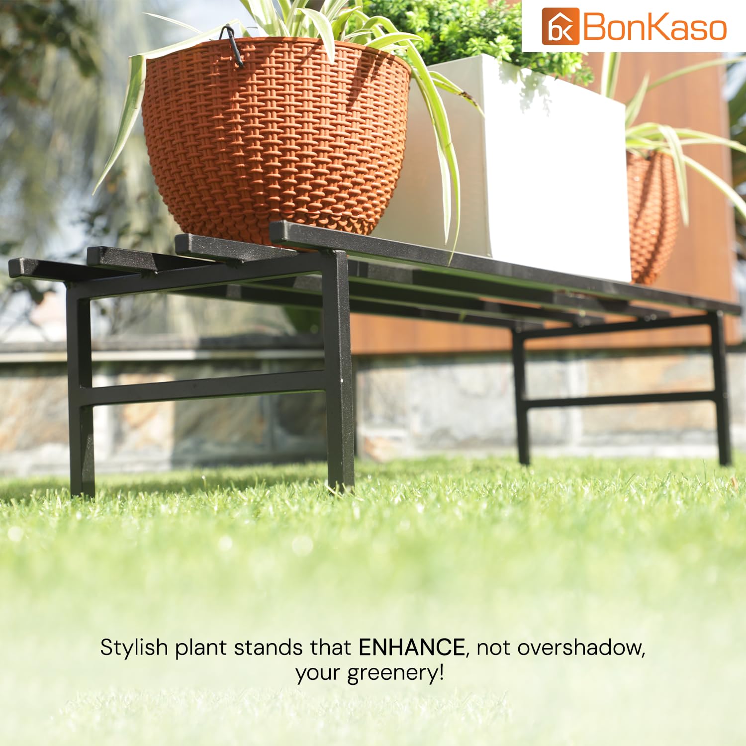 BonKaso Heavy Duty Rectangle Plant Stand: 76x24x18 cm, Black - Set of 2, Modern Design for Indoor & Outdoor Use, Sturdy, Anti-Rust Planter Stand for Garden, Balcony, Patio - Image 7 thumbnail