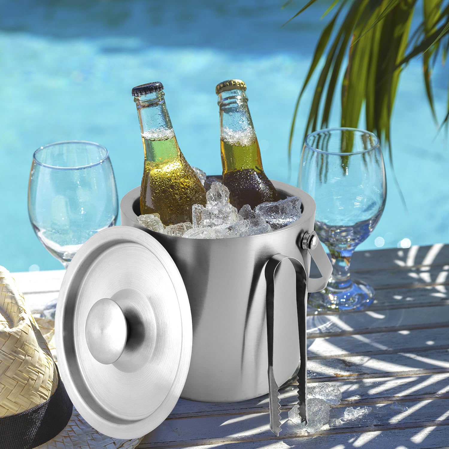 QWORK® Secchiello per Ghiaccio da 3 Litri in Acciaio Inossidabile 304 con Doppia Parete, Coperchio e pinze per Ghiaccio, Ideale per Bar Domestici, Feste e Servizio Cocktail