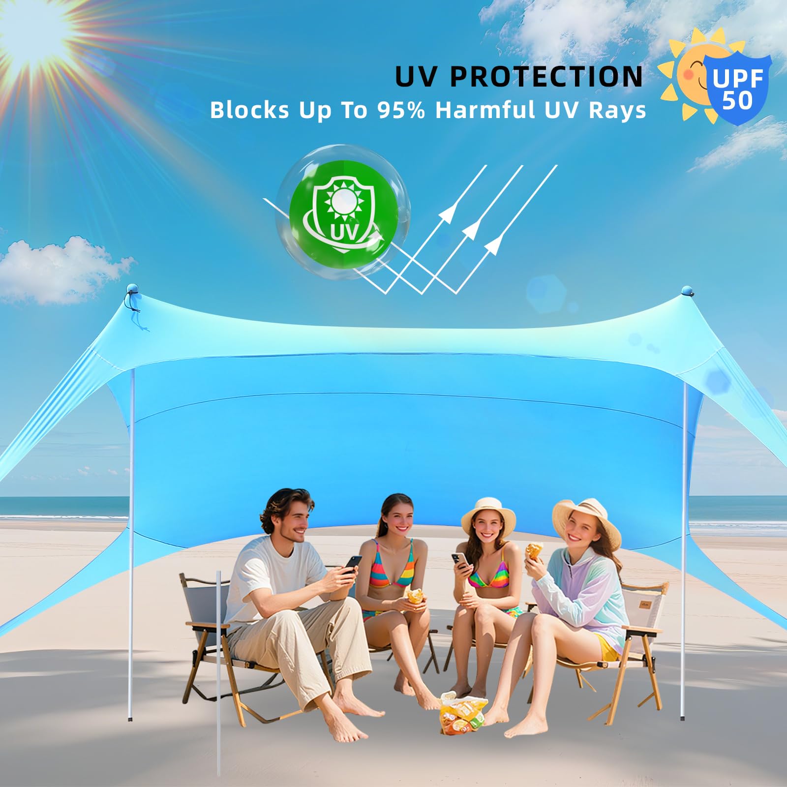 Namiot plażowy, ochrona przed słońcem, UPF 50+, przenośny, wysuwany baldachim, z kotwicami do worka piaskowego i 2 drążkami, na kemping, plażę, podwórko, piknik, rodzinny, błękitny