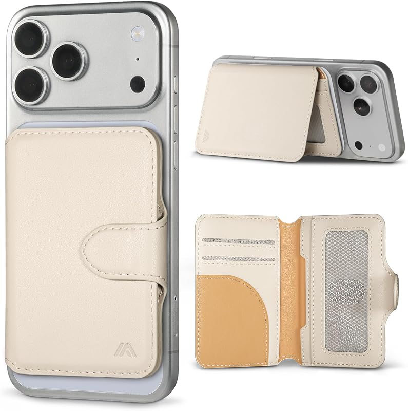 for MagSafe Wallet, Magnetic Phone Wallet RFID Blocking, Slim 5-8 Card Holder with Cash Slot & Clear ID Window, Minimalist Mag Safe Wallets for iPhone 17/16/15/14/13/12 Series, Oatmeal Beige