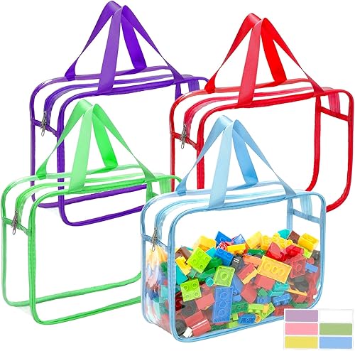 Paquete de 4 bolsas grandes de almacenamiento de juguetes de 4 colores con cremallera y etiquetas, PVC transparente, impermeables, bolsas