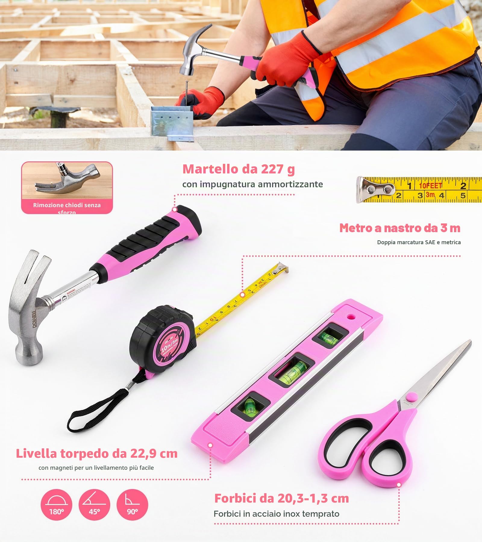 Dowell, kit di attrezzi per la riparazione domestica da 123 pezzi in rosa per donne e ragazze - Kit di attrezzi fai da te tutto in uno con impugnature ergonomiche, scatola degli attrezzi resistente