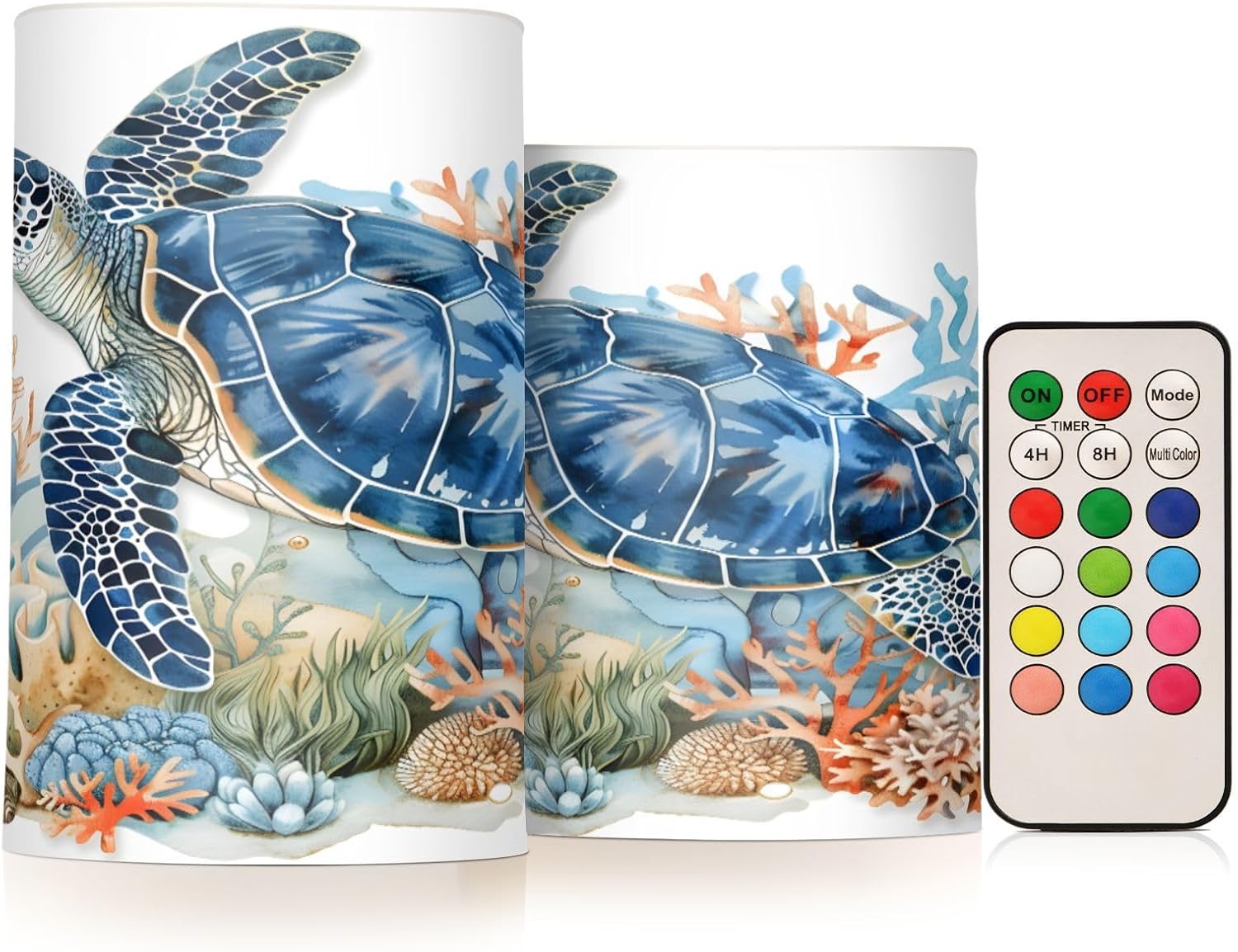 ALAZA Watercolor Sea Turtle Coral Flameless Candles, LED Pillar Candles with Remote Timer, Battery Operated Candles Set of 2