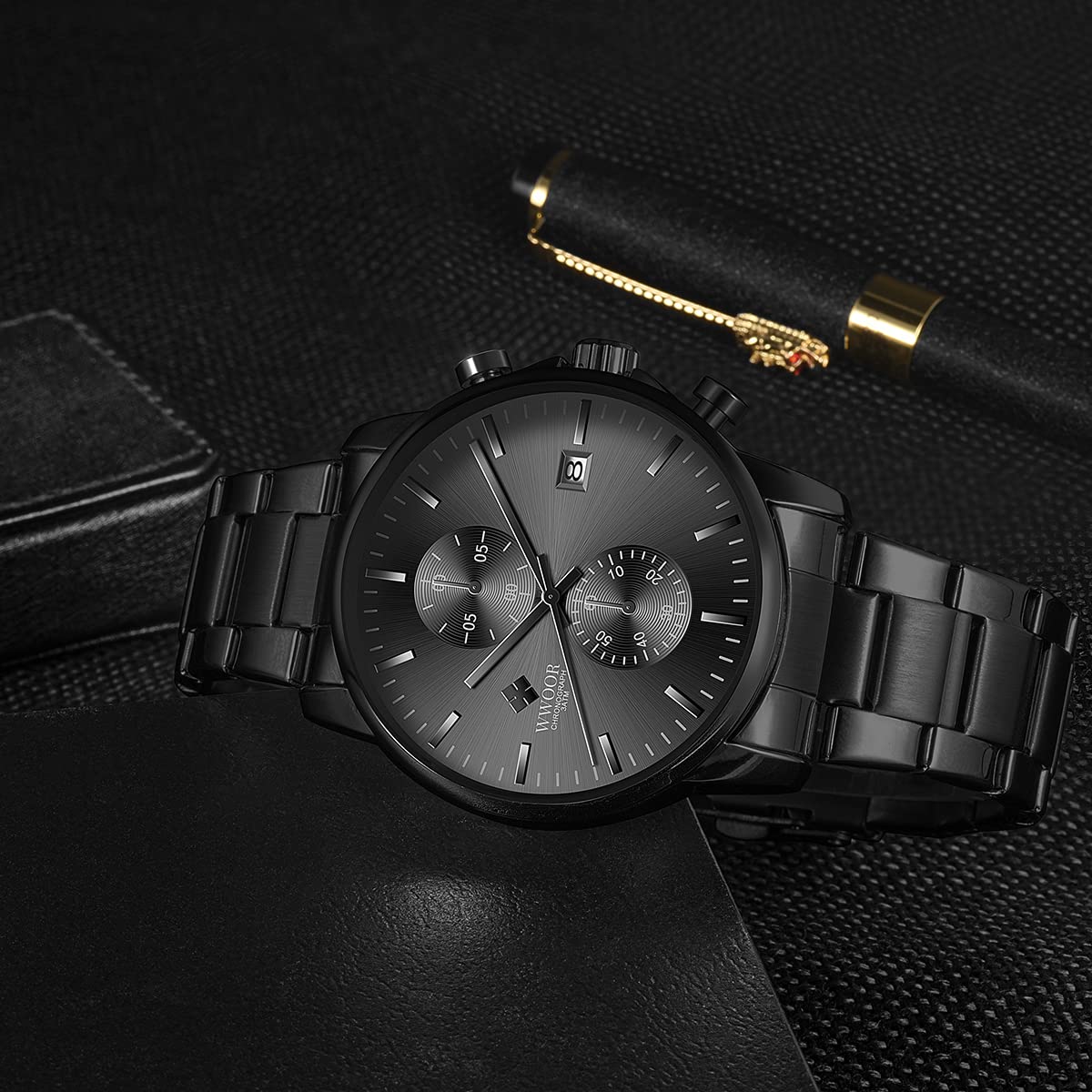 Montre bracelet pour homme avec montre à quartz chronographe étanche en acier inoxydable et métal, date automatique sur les mains colorées, extensible en acier inoxydable, réglable, Noir, 1, Bracelet