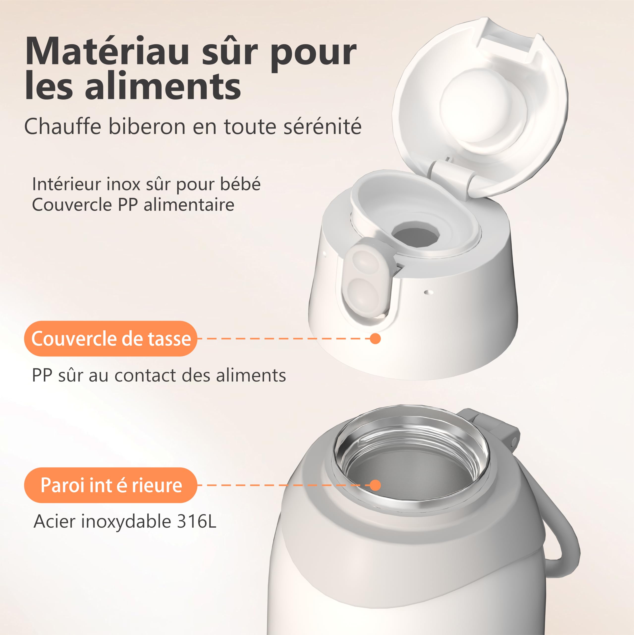 Chauffe Biberon Portable Sans Fil 500ml, Batterie 12000mAh, Chauffe Rapide 3 Min, Température Réglable 37-100°C, Rechargeable Type-C, Inox 316L, Idéal Voyage/Voiture/Nuit