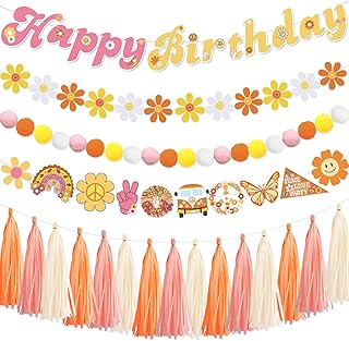 Daisy Garland for Decoration, Groovy Boho Party Garland Decoration Include Daisy Garland Party Tassel Colorful Pom Pom Banner, Daisy Party Decorations Supplies