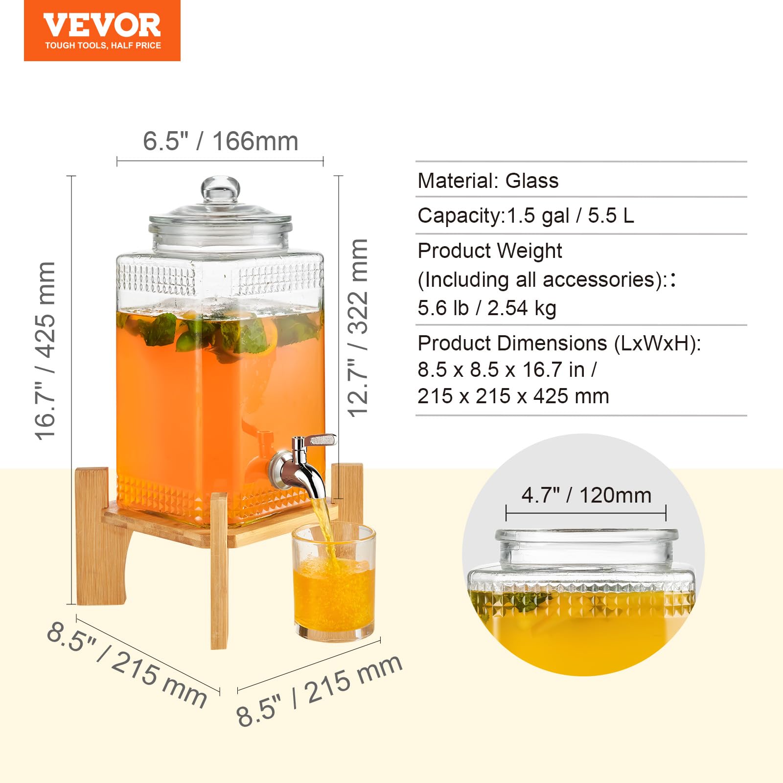 VEVOR Dispensador de Bebidas de 5,5 Litros para Fiestas, Dispensador de Jugo de Vidrio con Soporte, Espiga de Acero Inoxidable, Dispensador de Agua de Jugo de Limonada de Té Helado, 215 x 215 x 425 mm