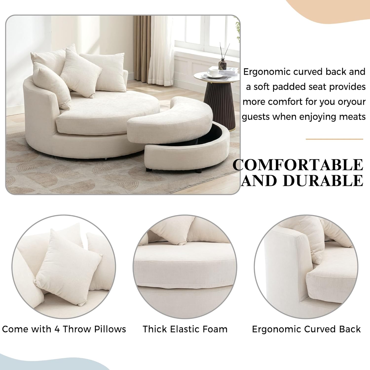Accent 360° Swivel Barrel Chair with Storage Ottoman & 4 Pillows,Modern Oversize Round Swivel Leisure Arm Chair for Living Room Hotel Club Lounge Chair,Chenille Cream