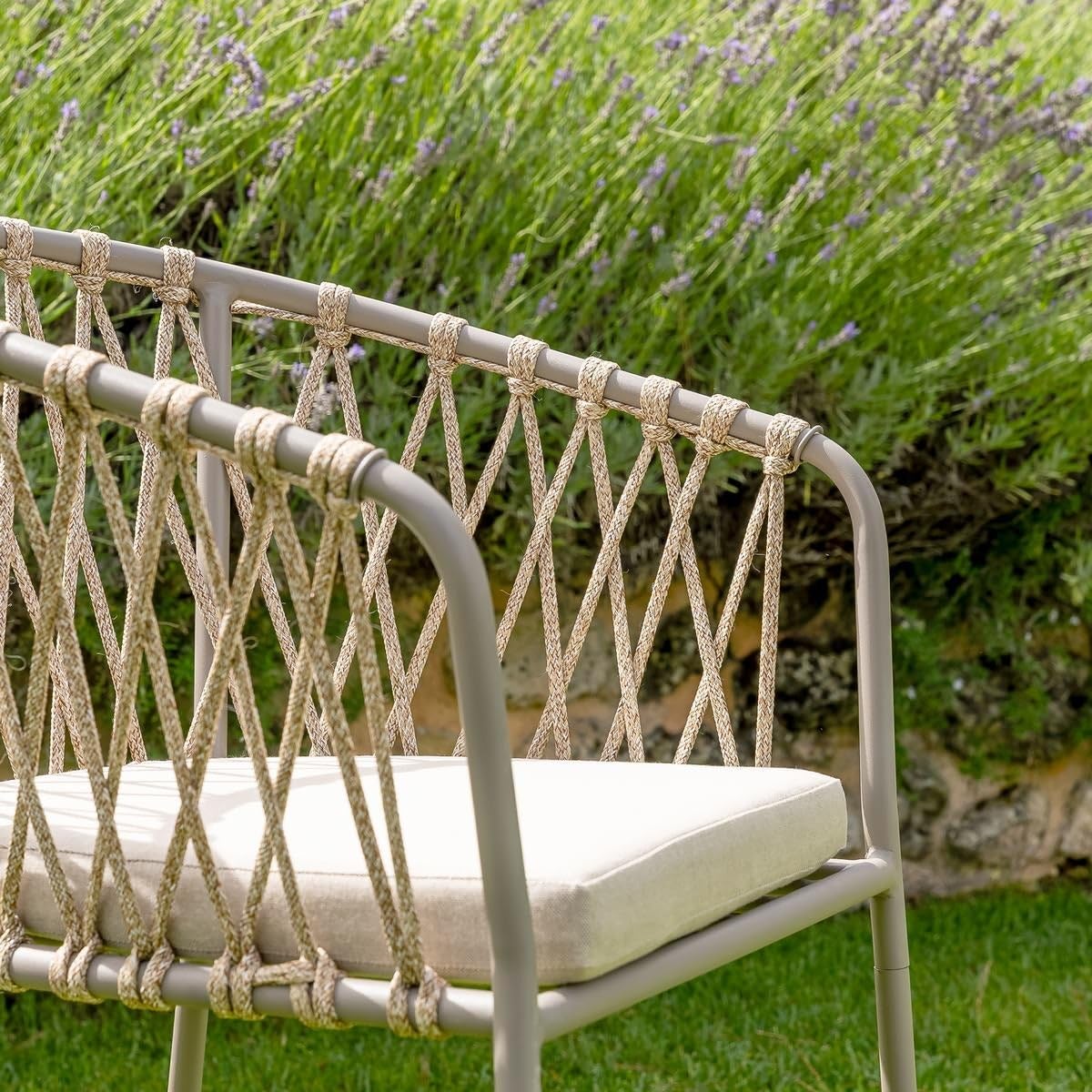 LOLAhome Silla de Jardín Myra de Acero y Cuerda Trenzada Color Limo, 52x51x80 cm, Cojín Incluido, Ergonómica, Diseño Elegante y Resistentes, Patas Desmontables Uso Exterior