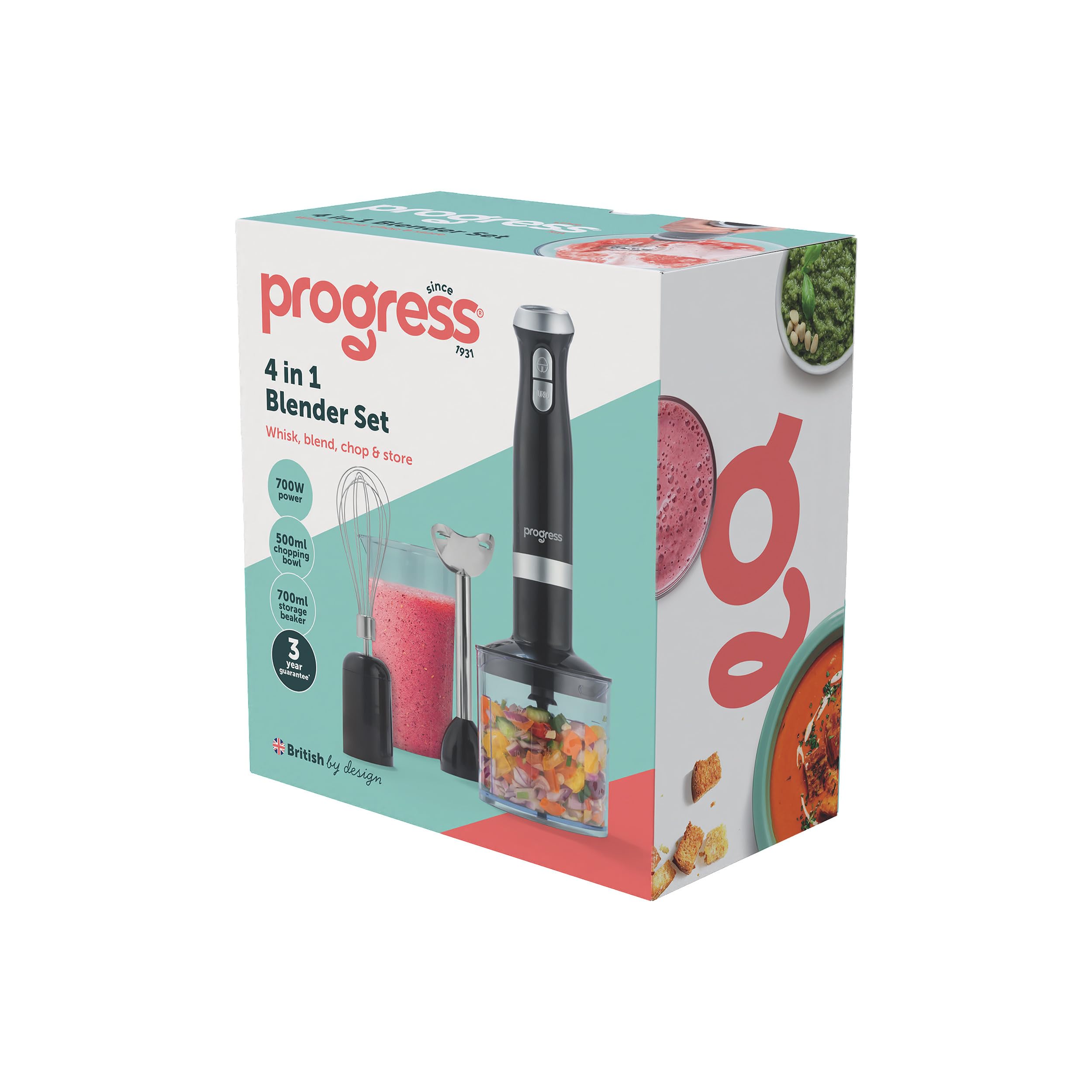 Progress Set de Batidora 3 en 1 – Bol de 500ml, 2 Niveles de Velocidad, Vaso de 700ml, 700W, Varilla y Cuchilla de Acero Inoxidable, Batir/Mezclar/Picar, Procesador de Alimentos, Negro