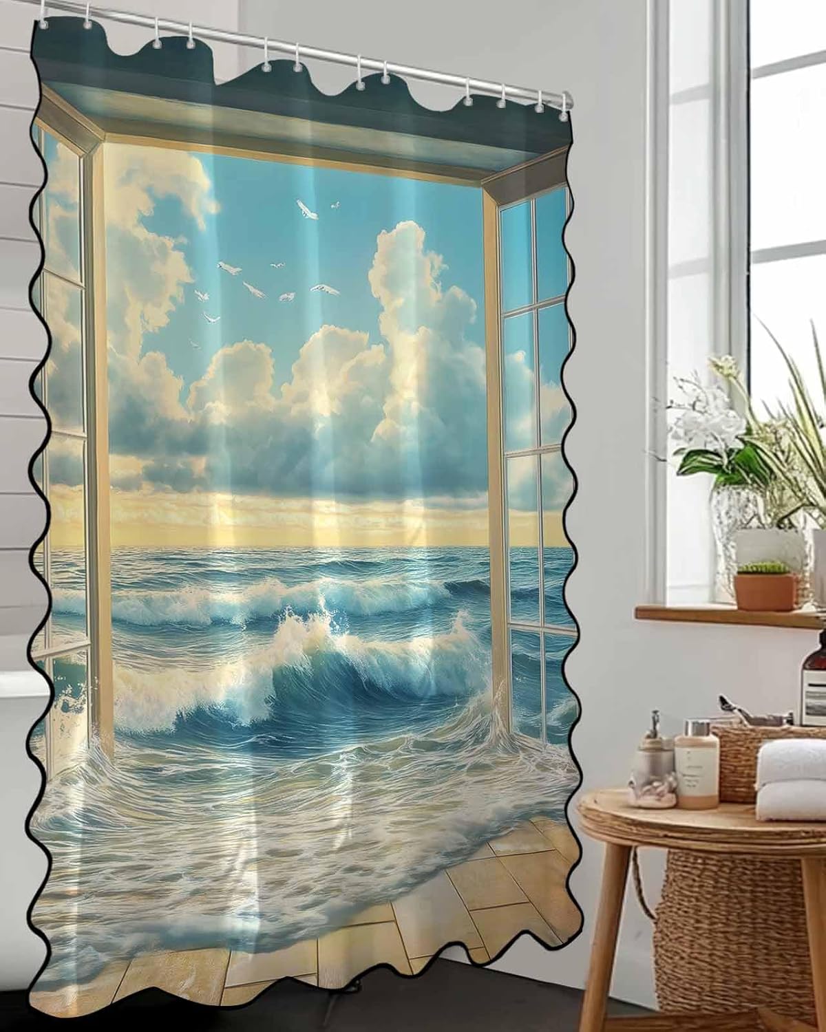 Shower Curtain with Black Scalloped Edge for Bathroom, Blue Window Ocean Glass Door Cloth Shower Curtain, Washable Waterproof Fabric Shower Curtain Bathtub Decor 60x72in