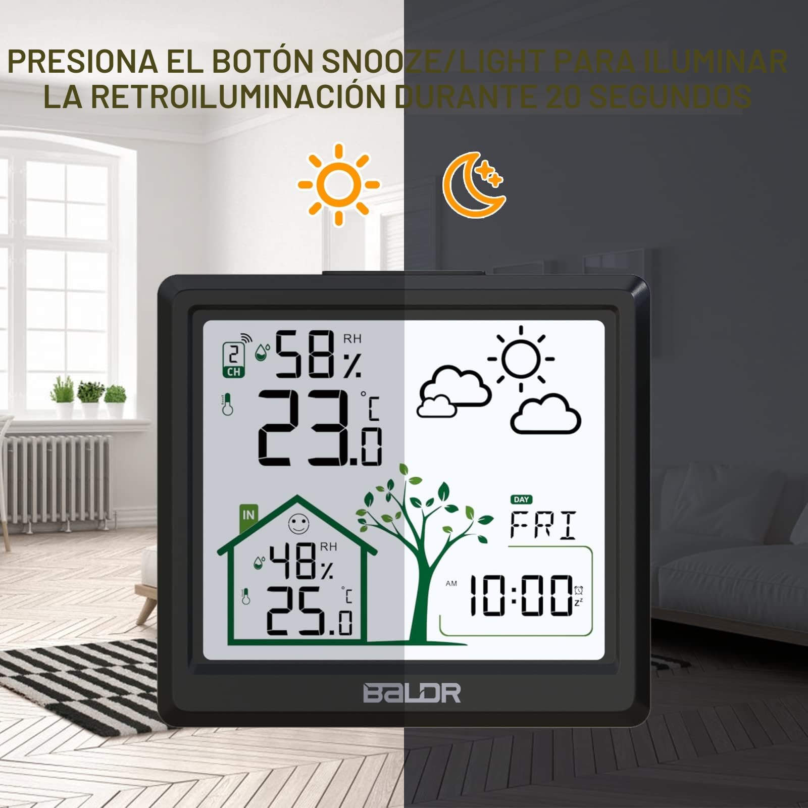 LEVIPE Estación Meteorológica Inalámbrica, Termómetro Higrómetro Barómetro Interior Exterior con Sensor LED Retroiluminación Pantalla Reloj Digital Alarma y Snooze Pantalla Hora Fecha Día Negro
