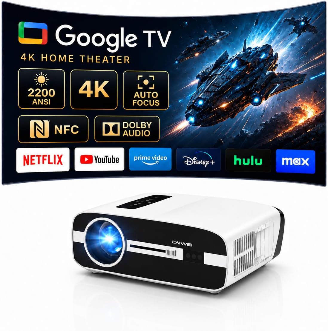 CWEUG 4K UHD Projector with Google TV, 2200 ANSI Lumens Daytime Viewing, WiFi 6, Wireless Casting, Dolby Audio Home Cinema Projector