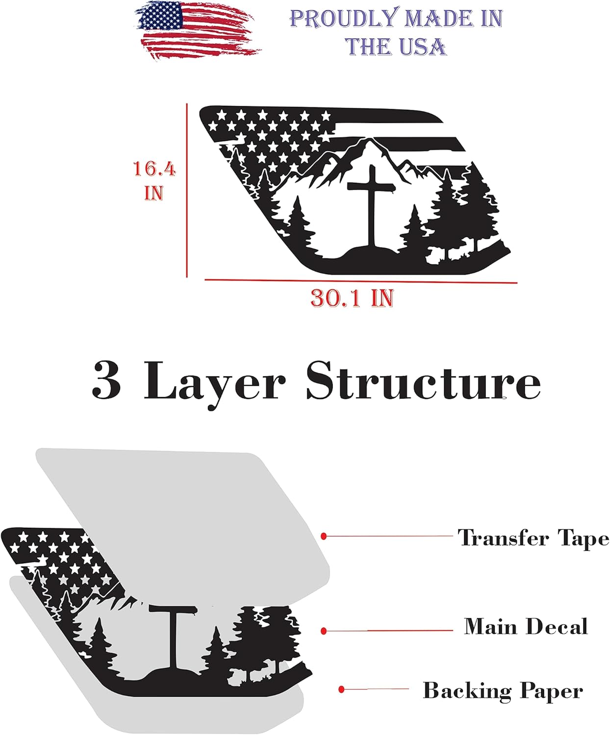 Fit for Toyota 4Runner (2010-2024) | Precut American Flag Cross Mountain Forest Scene Window Decals | Proudly Made in The USA | Matte Black (US Flag Cross Mountain)