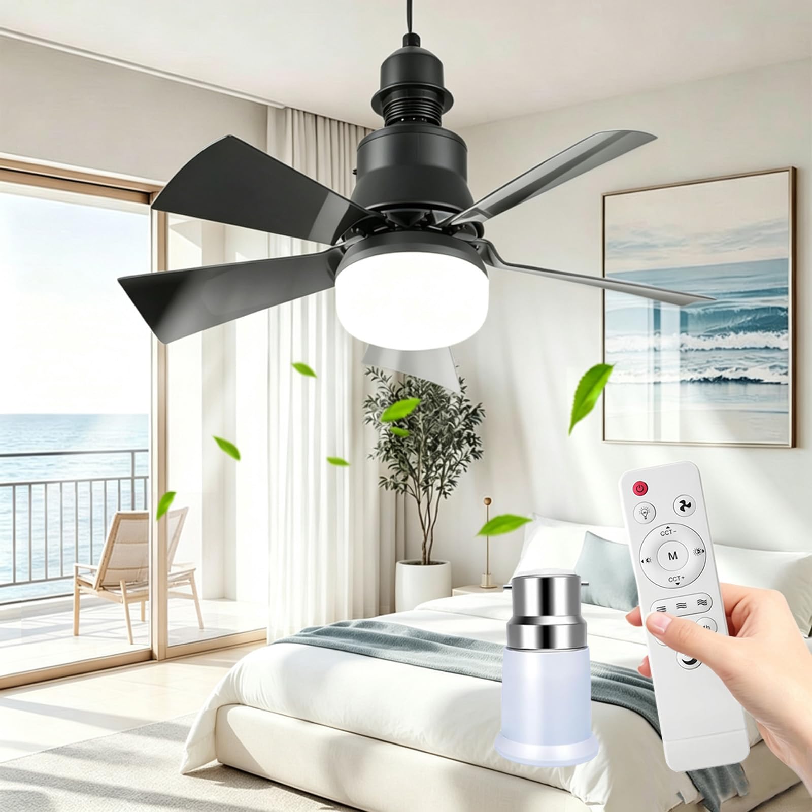 OMUIETIO Ceiling Fan Light, 30W E27 Fan Lights with Remote Control, 3 Speeds & Stepless Dimmable, 2H/4H Timer, 45.5cm Light Bulb Fan, Quiet Fan Light Ceiling for Bedroom, Kitchen (Black+B22)