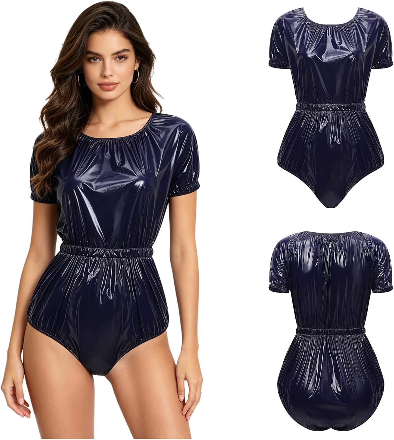 Womens Diaper Coveralls Incontinence Bodysuit Crew Neck Short Sleeve Buttoned Crotch Jumpsuit