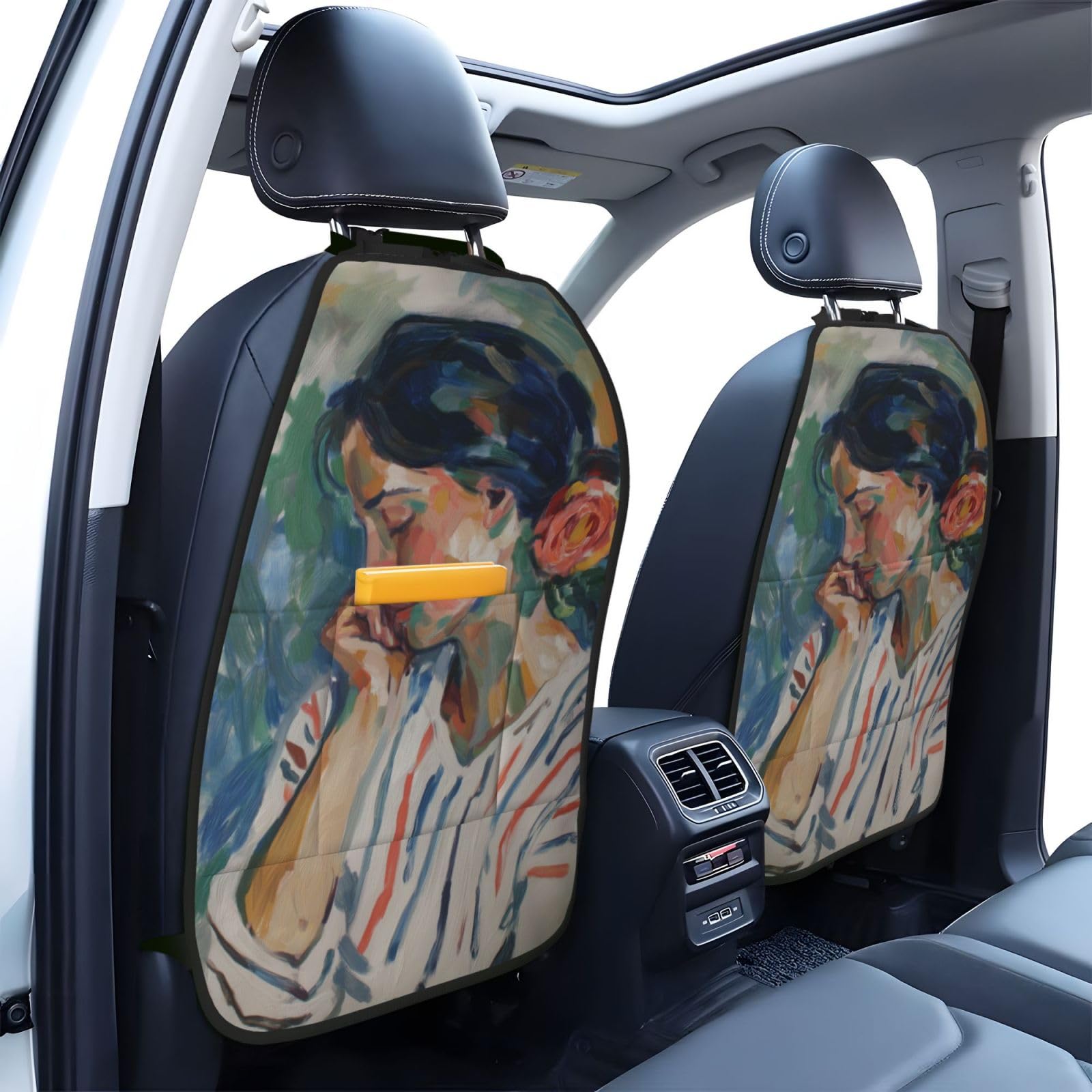 Adult Beautiful Woman Flower Car Seat Back Kick Protectors,2 Pack Kick Mats with Storage Pockets for Vehicles to Protect from Dirt Mud Scratches