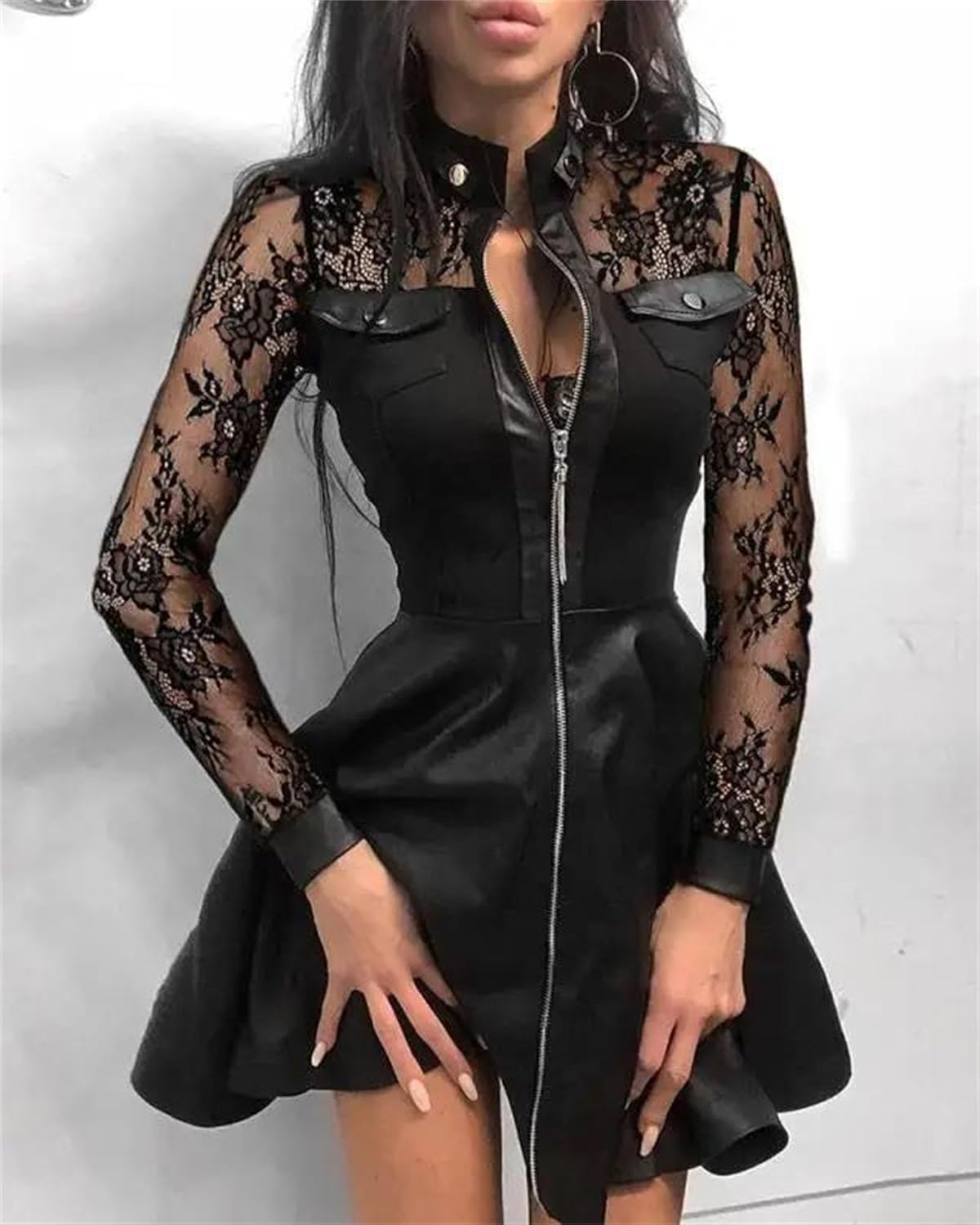Women's Pu Leather Midi Dress V Neck Long Sleeve Zipper Pocket Slim Fit Dress Fall Winter Outfit