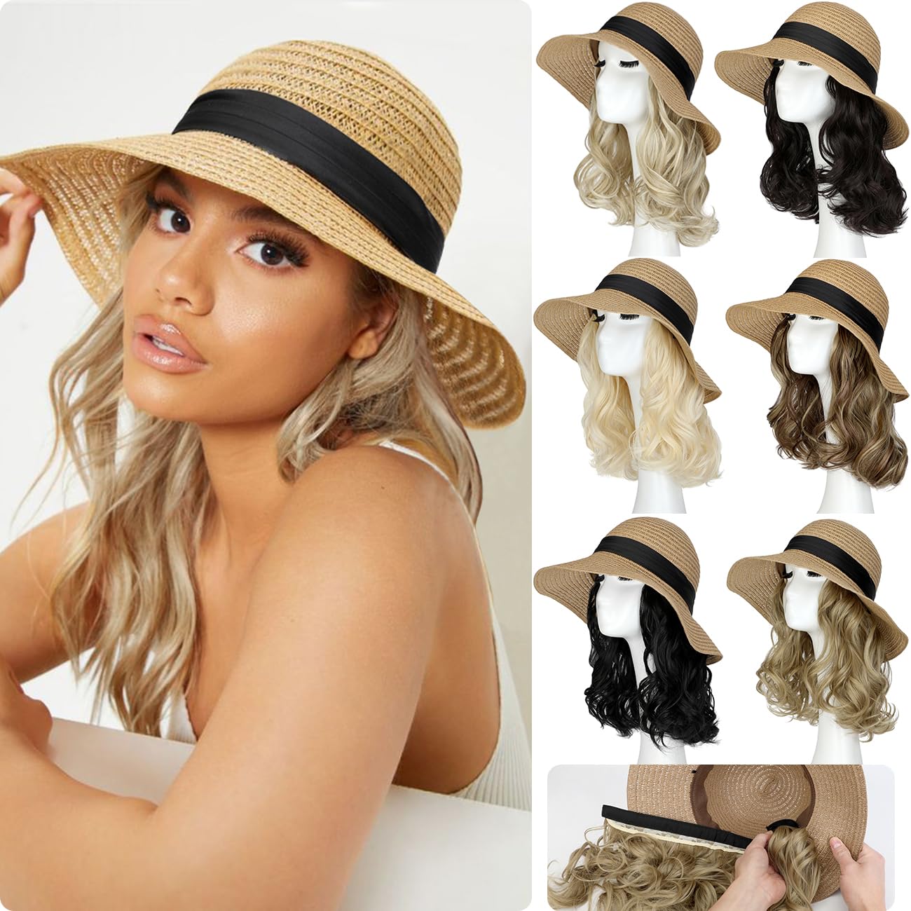Qlenkay Straw Sun Hat with 10in Synthetic Hair Extension Short Wavy Curly Wig Wide Brim Women Adjustable Cap Detachable Hairpiece for Summer Travel