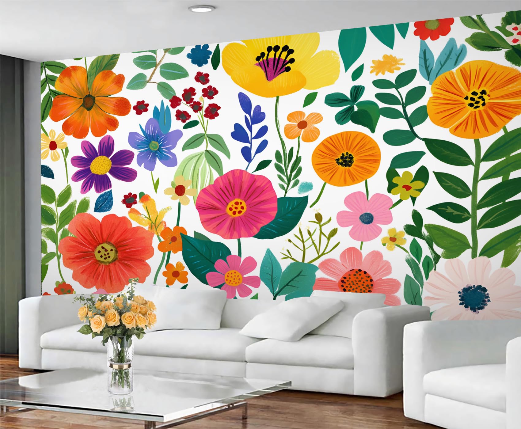 GIVLWF Wallpaper - Floral Home Decor & Mural, Watercolor Floral Bedroom Wallpaper, Boho Florals Wall Paper for Living Room, Large Wall Mural (Not Self-Adhesive)
