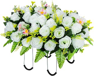 Artificial Headstone Flower Saddle, Cemetery Flowers for Grave, Cemetery Saddles for Headstones, Memorial Grave Flowers for Cemetery Tombstone Headstone Decoration(White)