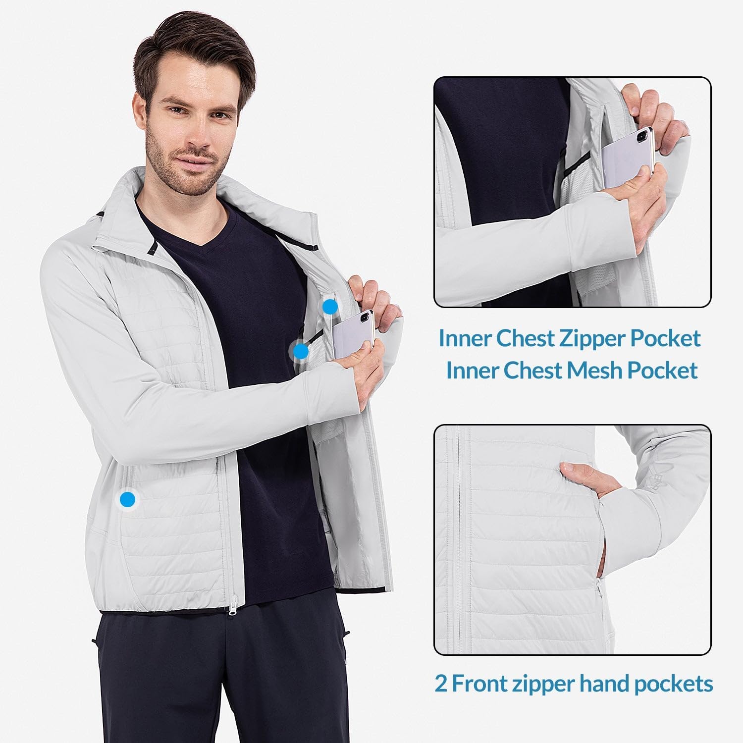 baleaf Men's Running Jacket Lightweight Warm Up Puffer Jacket Hybrid Thermal Hiking Golf Insulated Coat Thumble Hole - Image 2