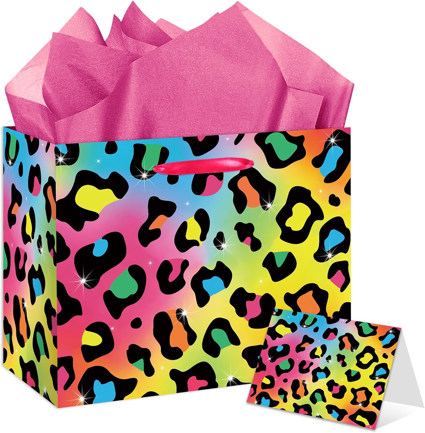 YXYASR Large Neon Leopard Print Gift Bag with Wrapping Paper and Card