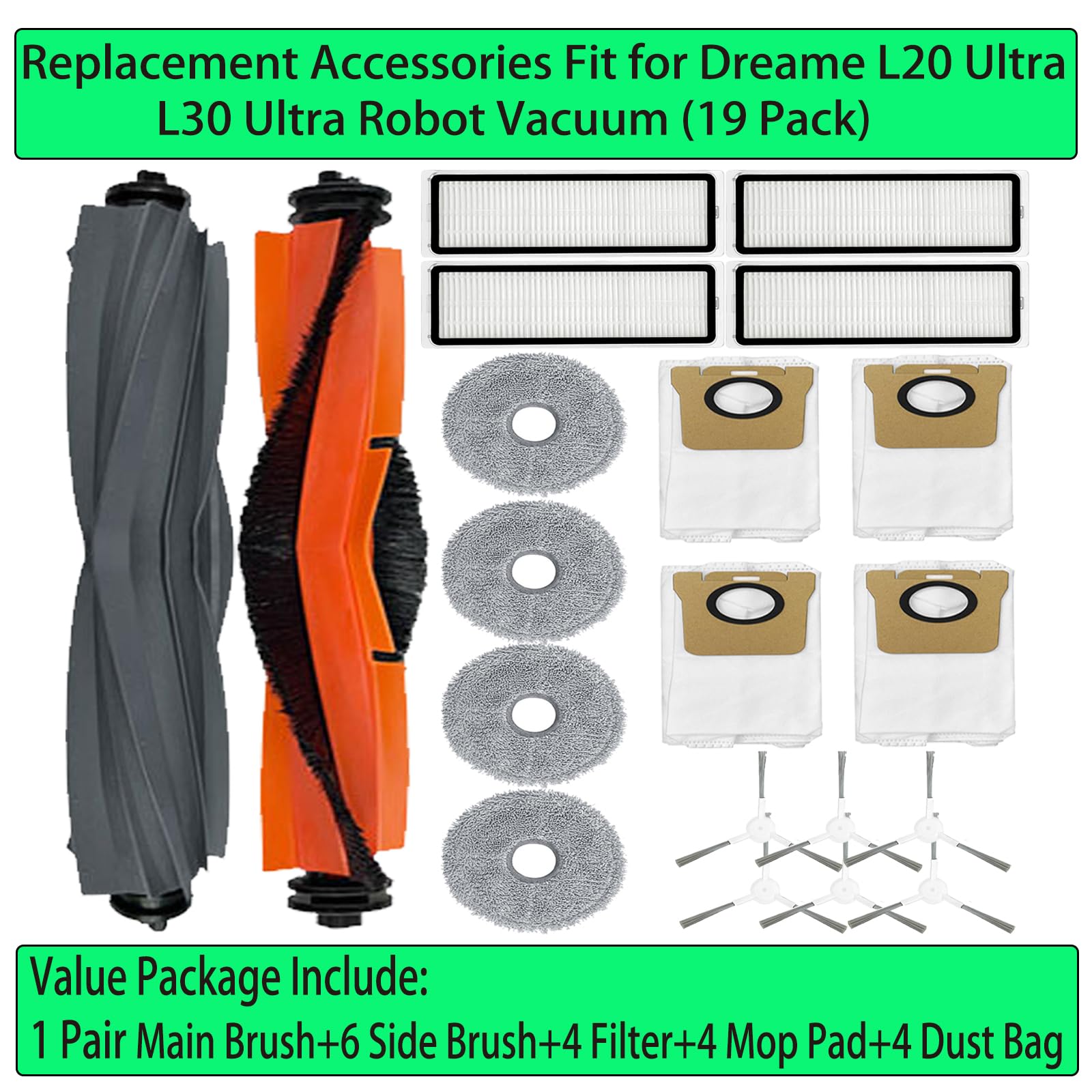 Replacement Parts for Dreametech L20 Ultra :Replace for Dreame L20 Ultra/ L30 Ultra Robot Vacuum 2 Main Brush 6 Side Brush 4 Filter 4 Mop Pad 4 Dust Bag Accessories (20 Pack)