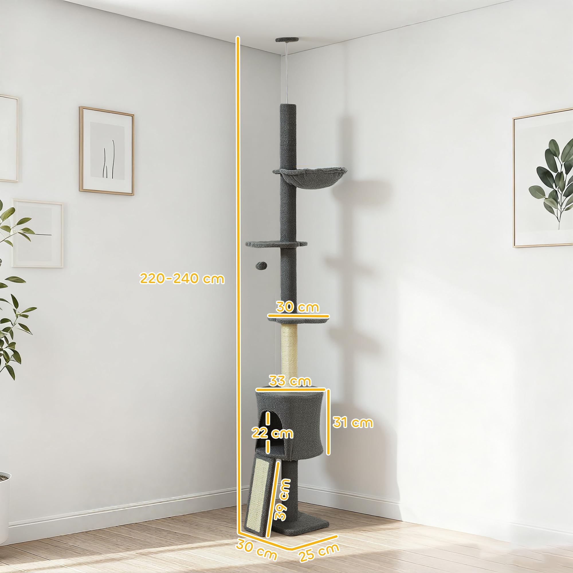 PawHut Albero per Gatti a Soffitto 5 in 1 Alto 220-240 cm, Torre per Gatti con Amaca, Casetta, Piattaforme a Fiore e Pali in Sisal, per Gatti fino 5 kg e Gattini, Grigio Scuro