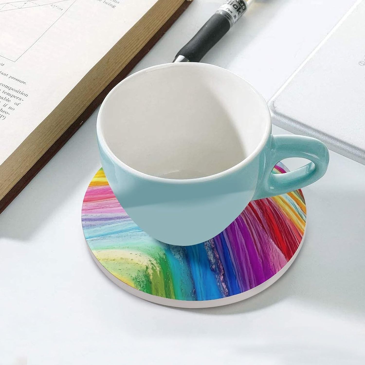 Rainbow Mountain Round Ceramic Coasters for Drinks Absorbent Cup Holder Tabletop Protector with Cork Base