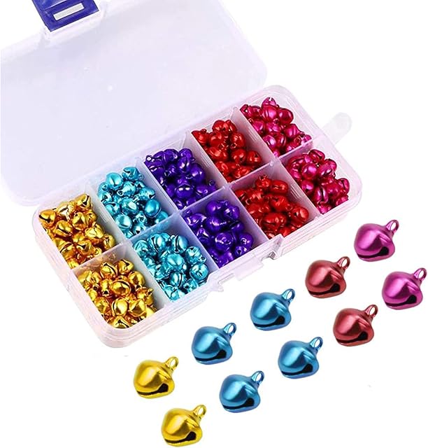 300 Pcs Jingle Bells, Small Craft Bells with Storage Box, Mini Bells for Christmas, Multi-Coloured Metal Bells for Party & Festival Decorations Ornaments, Jewelry Making, Cat Collars, 8mm,10Colors