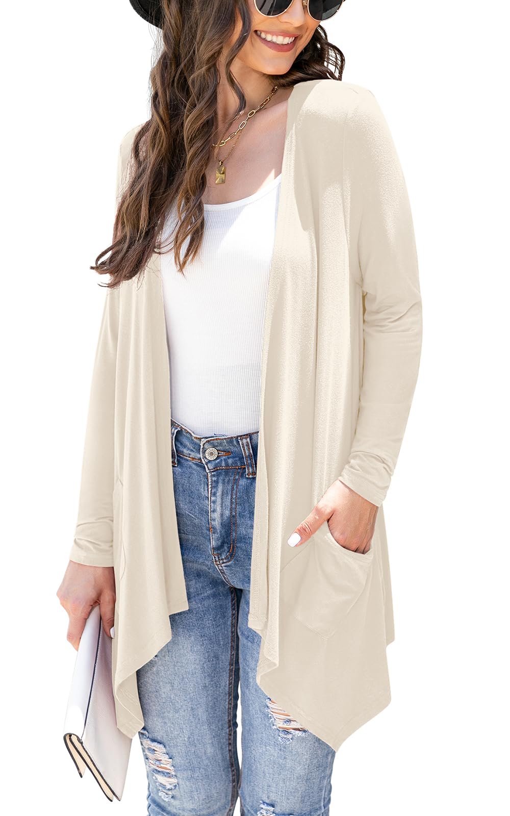 Veryoung Women's Lightweight Cardigan Casual Soft Long Sleeve Floral Knit Cardigans with Pockets High Low Hem Draped Duster