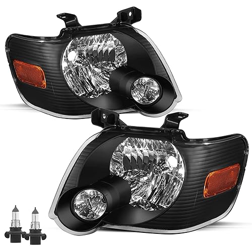 JSBOYAT Headlight Assembly Replacement w/Bulbs for 2006-2010 Ford Explorer Headlamp Driver & Passenger Side (Black Housing with Amber Reflector)