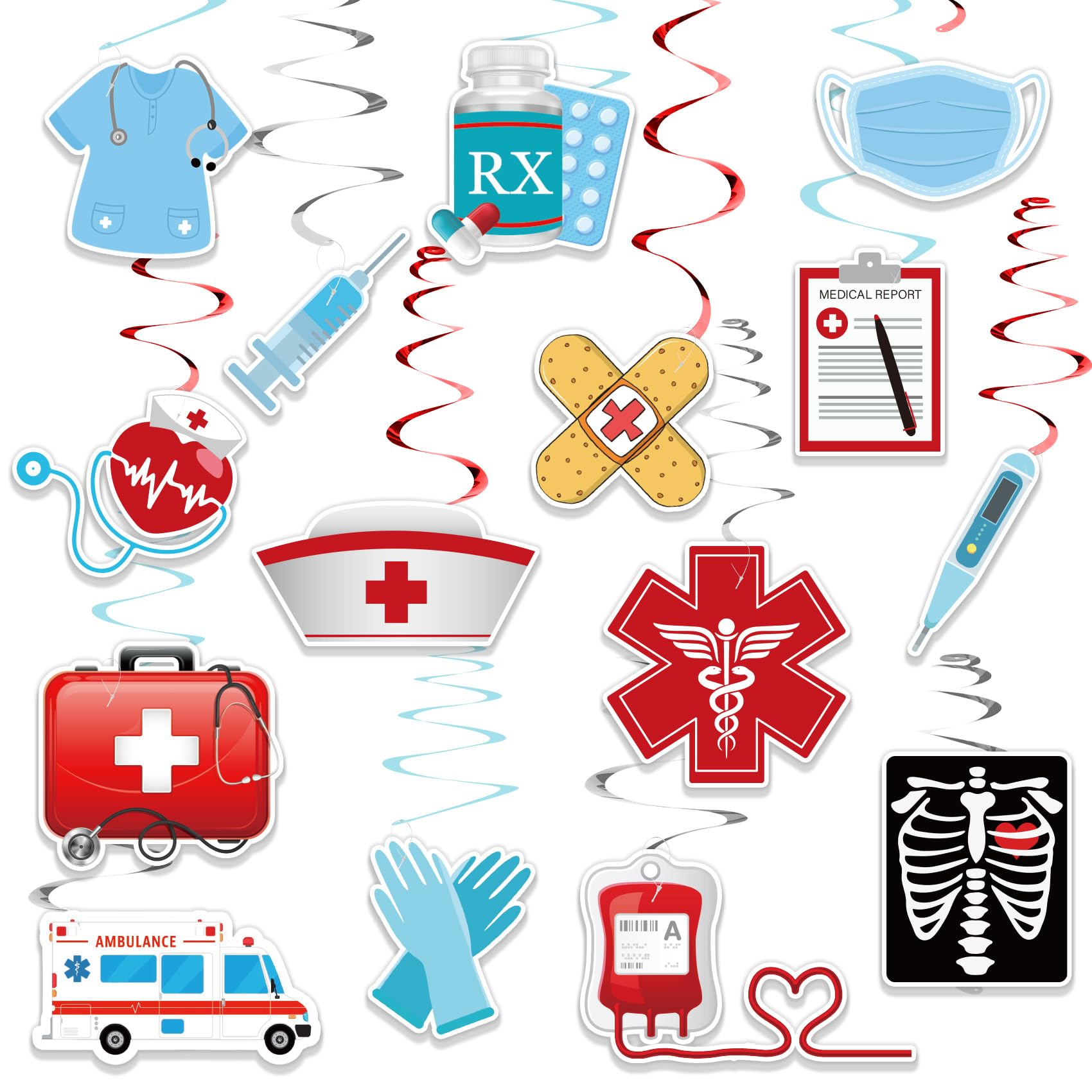 Nurses Week Decorations, 30 PCS Nurses Week Hanging Swirl Decorations with Foil Ceiling Streamers, Red and Blue Nurse Graduation Party Supplies for