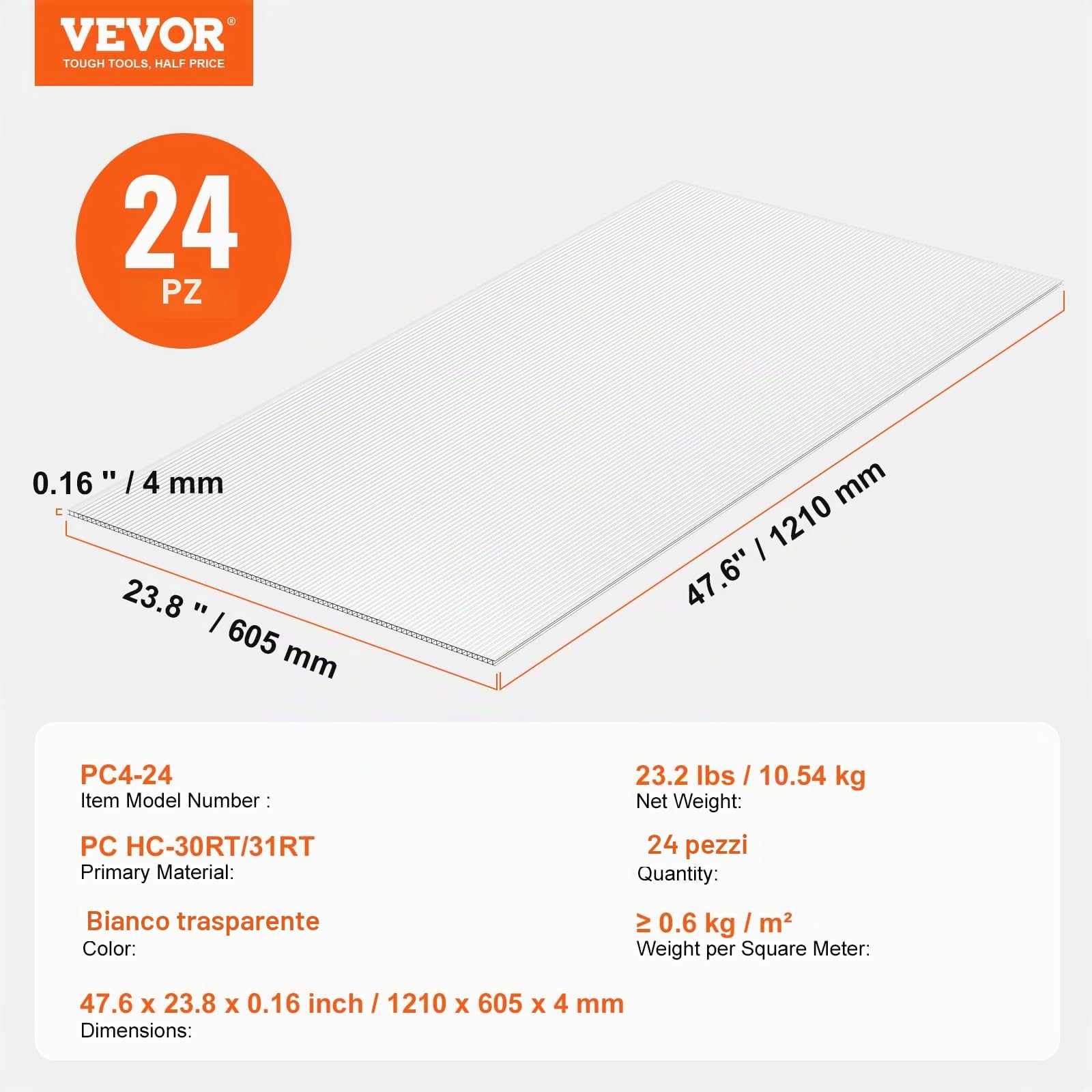 VEVOR Pannelli per Serre in Policarbonato per Tetti 24 Pezzi, 1210 x 605 x 4 mm, Coperture in Plastica Ondulata Impermeabile e Protetta dai Raggi UV, Lastre Trasparenti per Coperture Urti per Serre