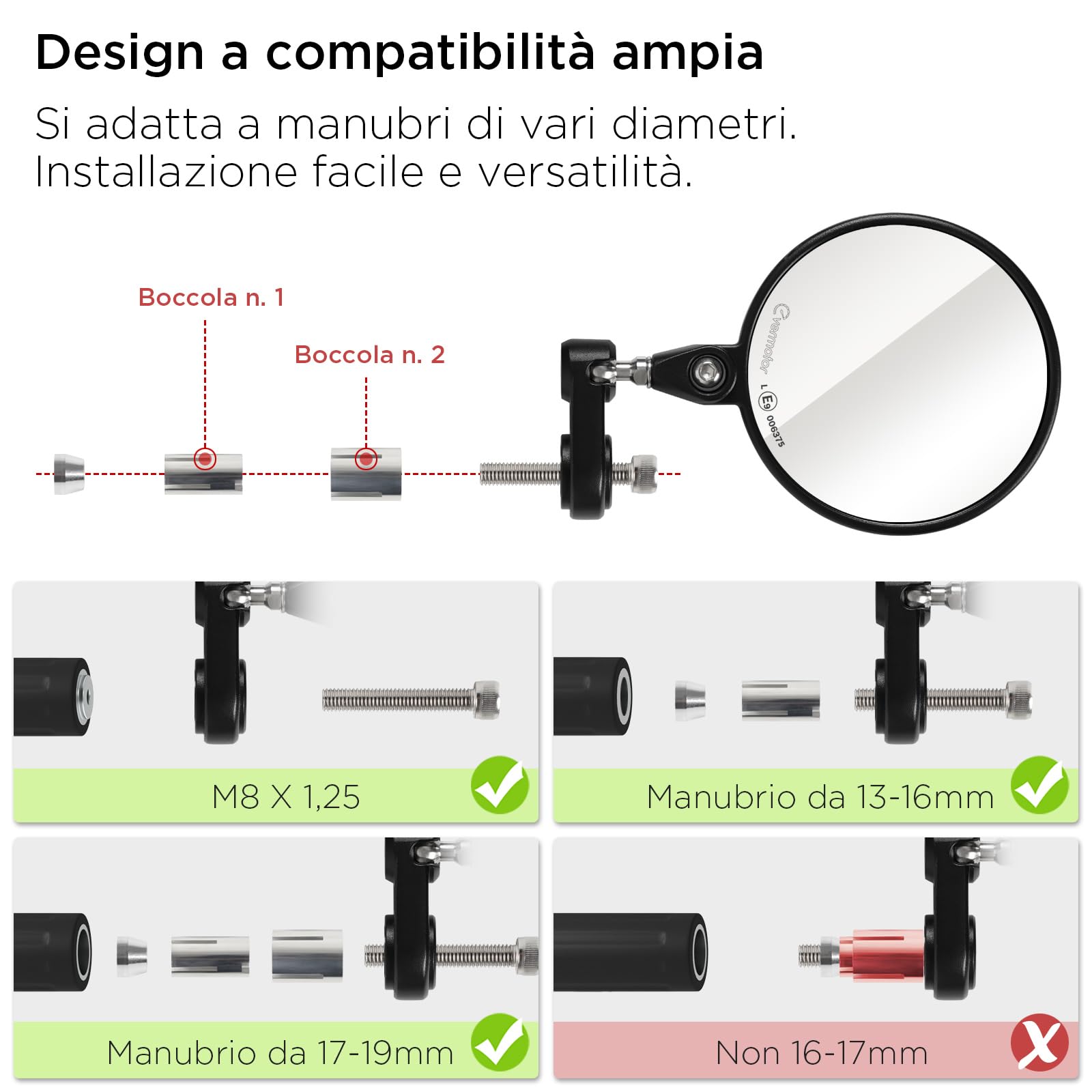 Evermotor Specchietto terminale per manubrio, omologato E, girevole 360°, in lega alluminio, 7/8", 22 mm, rotondo, compatibile scooter, ATV, ciclomotore (2 pezzi)