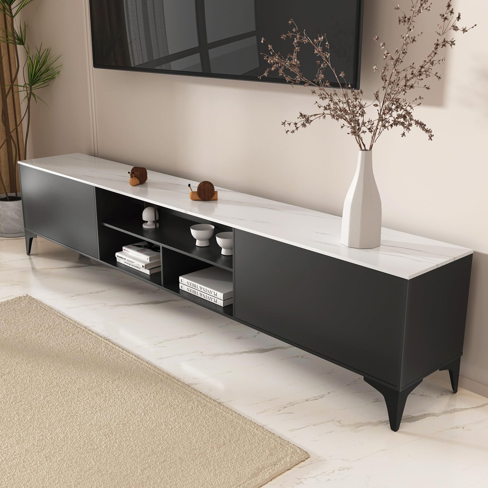 TV-Ständer, moderner TV-Ständer mit Stauraum für 60-75 Zoll Fernseher, Entertainment Center mit 2 Schubladen und offenen Regalen, TV-Konsole für Wohnzimmer, Schlafzimmer, Media-Einheit mit