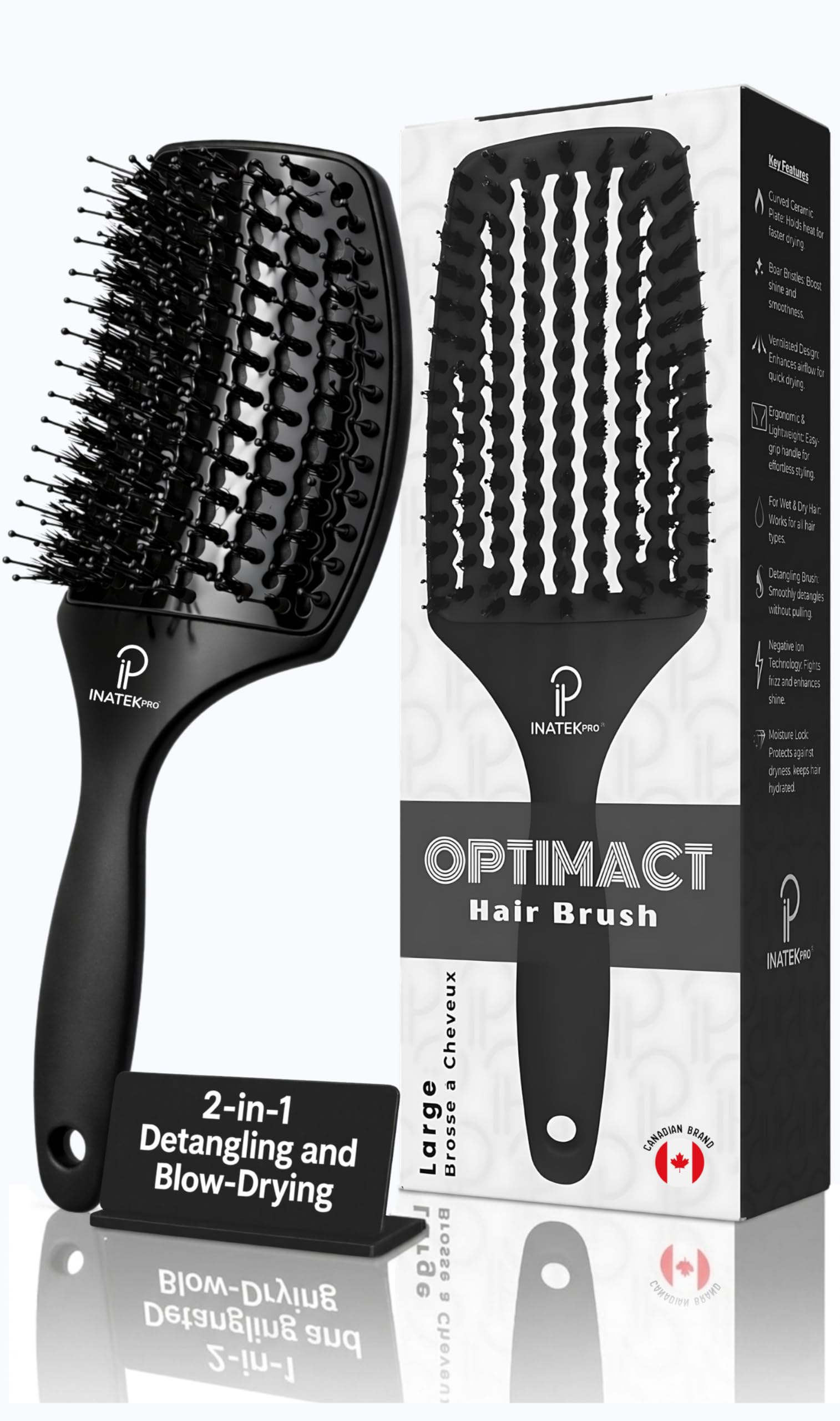 Inatekpro Curved Vented for Blow Drying - Boar Bristle Brush (Large) with Comfortable Handle - Soft Bristle Brush for Thick and Fine Hair - Natural