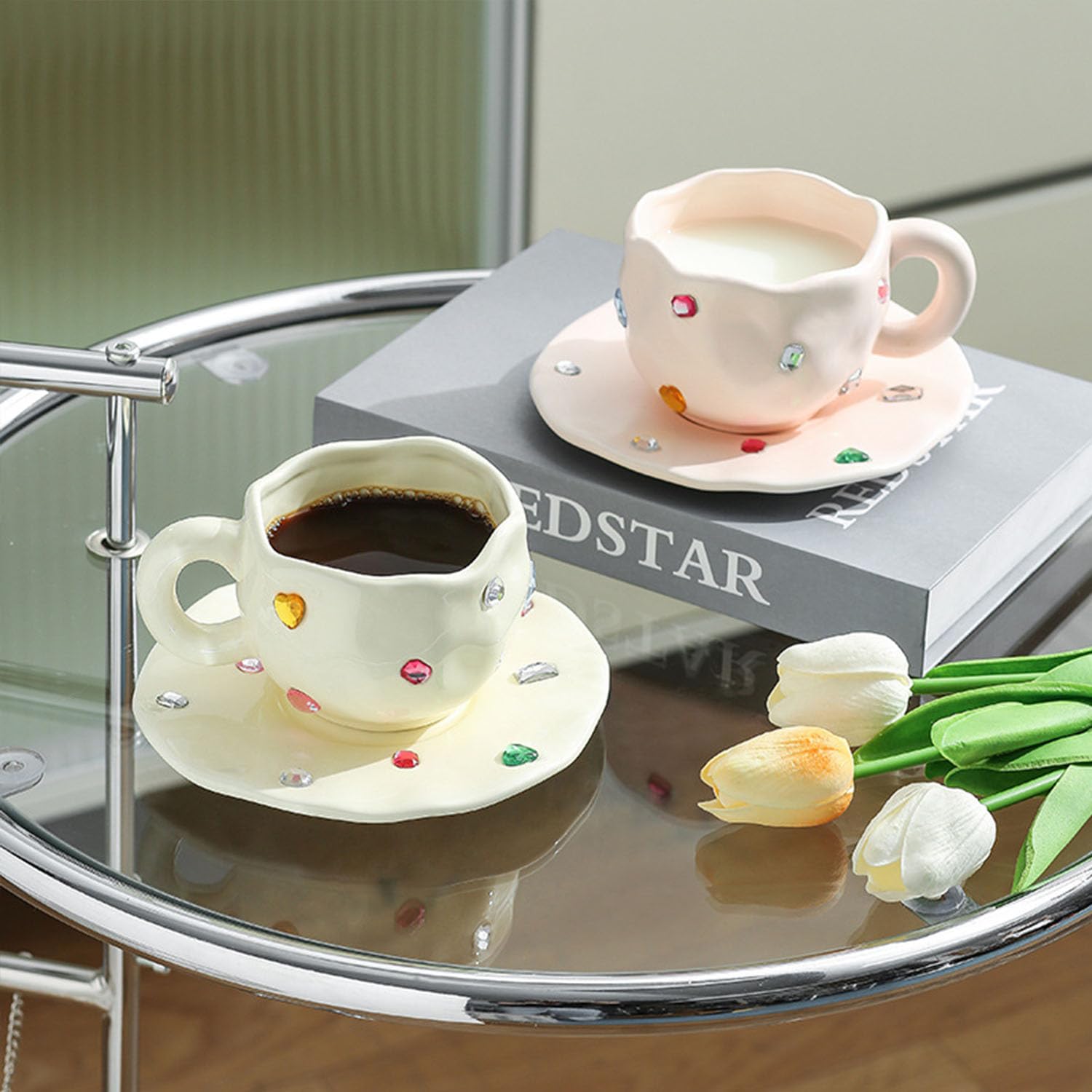 Tazza da caffè, tazza da caffè in ceramica con set di piattini, tazza da caffè creativa con pietre preziose, tazza da caffè irregolare for casa e ufficio, perfetta for latte, tè e latte(Black)