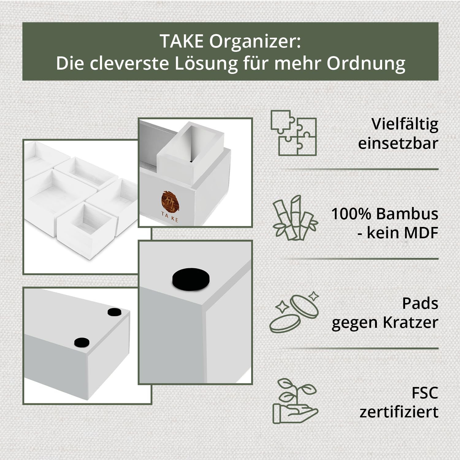 TAKE® 6-częściowy organizer do szuflad, wykonany w 100% z naturalnego bambusa (biały) – organizer do szuflad, pudełka w różnych rozmiarach, do kuchni, łazienki i biura, organizer do szuflad, toaletki