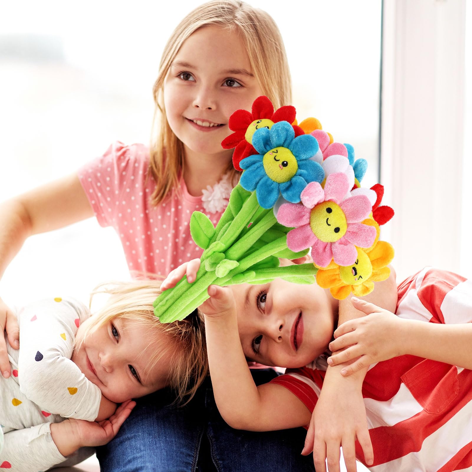 18 pezzi di peluche a forma di fiore sorridente farcito steli pieghevoli peluche morbido floreale 32 cm per laurea 2025 festa della mamma San Valentino ragazza, fidanzata, moglie, famiglia e