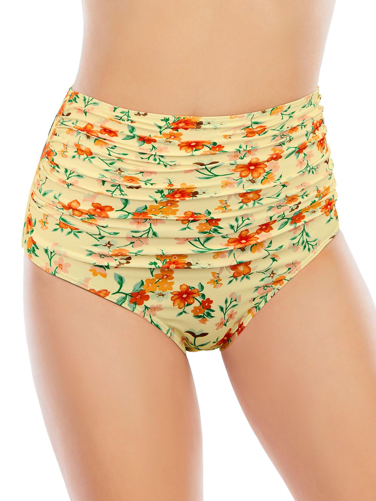 American Trends Parte inferior de bikini de cintura alta fruncida con control de abdomen, parte inferior de traje de baño sexy para mujer