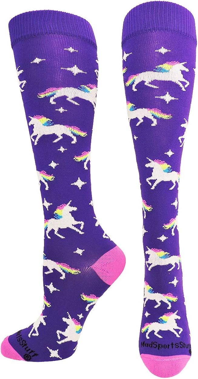 MadSportsStuff Neon Rainbow Unicorn Athletic Over the Calf Socks - for Softball Soccer - Youth and Adult : Clothing, Shoes & Jewelry