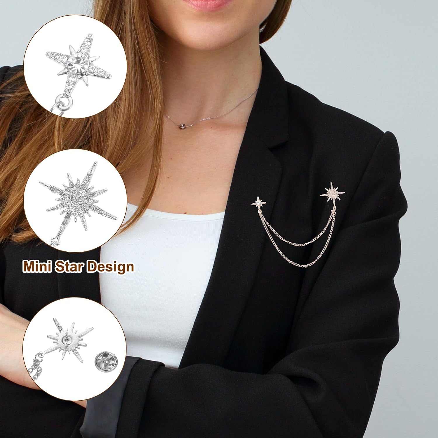 PATIKIL Star Chain Brooch Pins, Eight-pointed Crystal Snowflake Tassel Chain Hanging Fashion Lapel Suit Pins