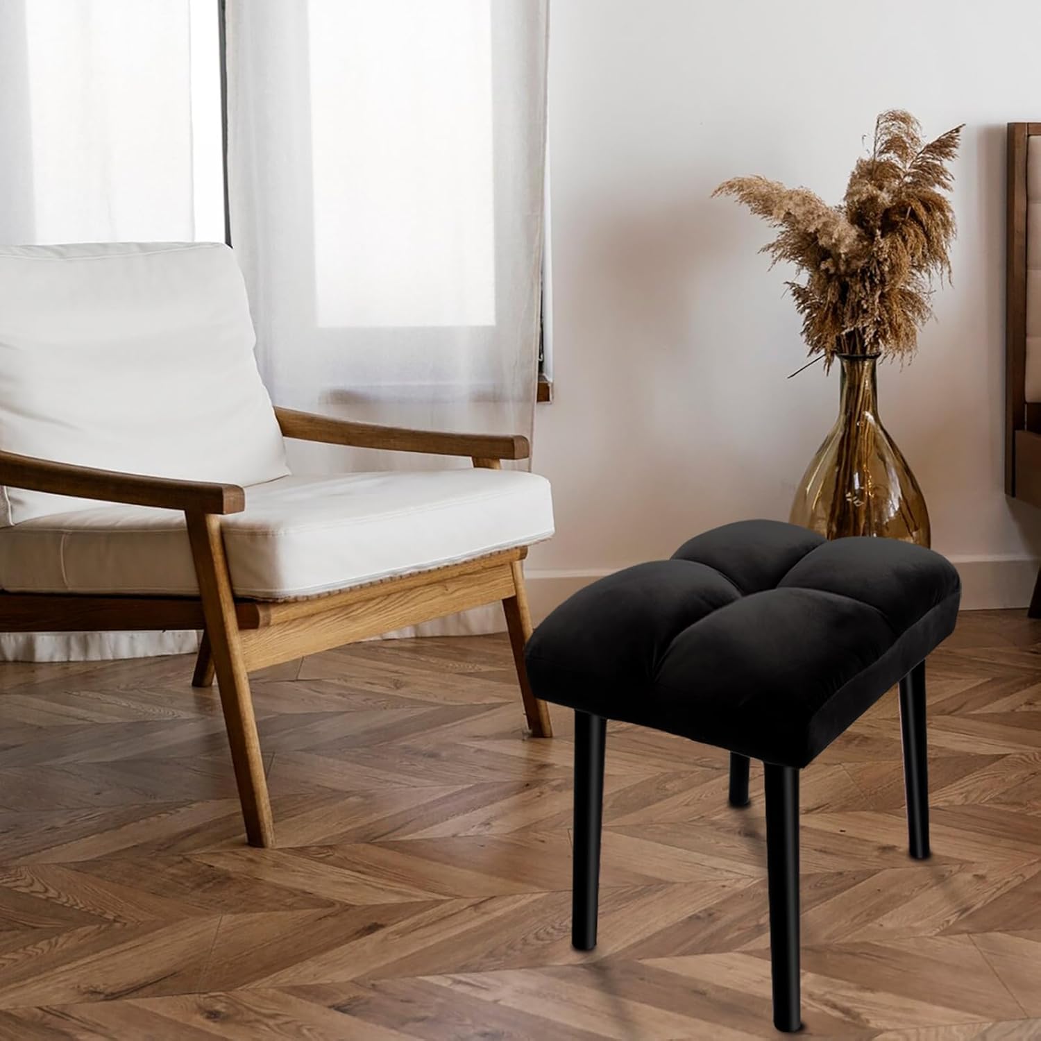 HOUCHICS Black Ottoman Stool, Square Makeup Stool with Wooden Legs, Small Ottoman Stools Chair for Vanity, Modern Padded Sofa Seat Foot Rest Stools(Black)