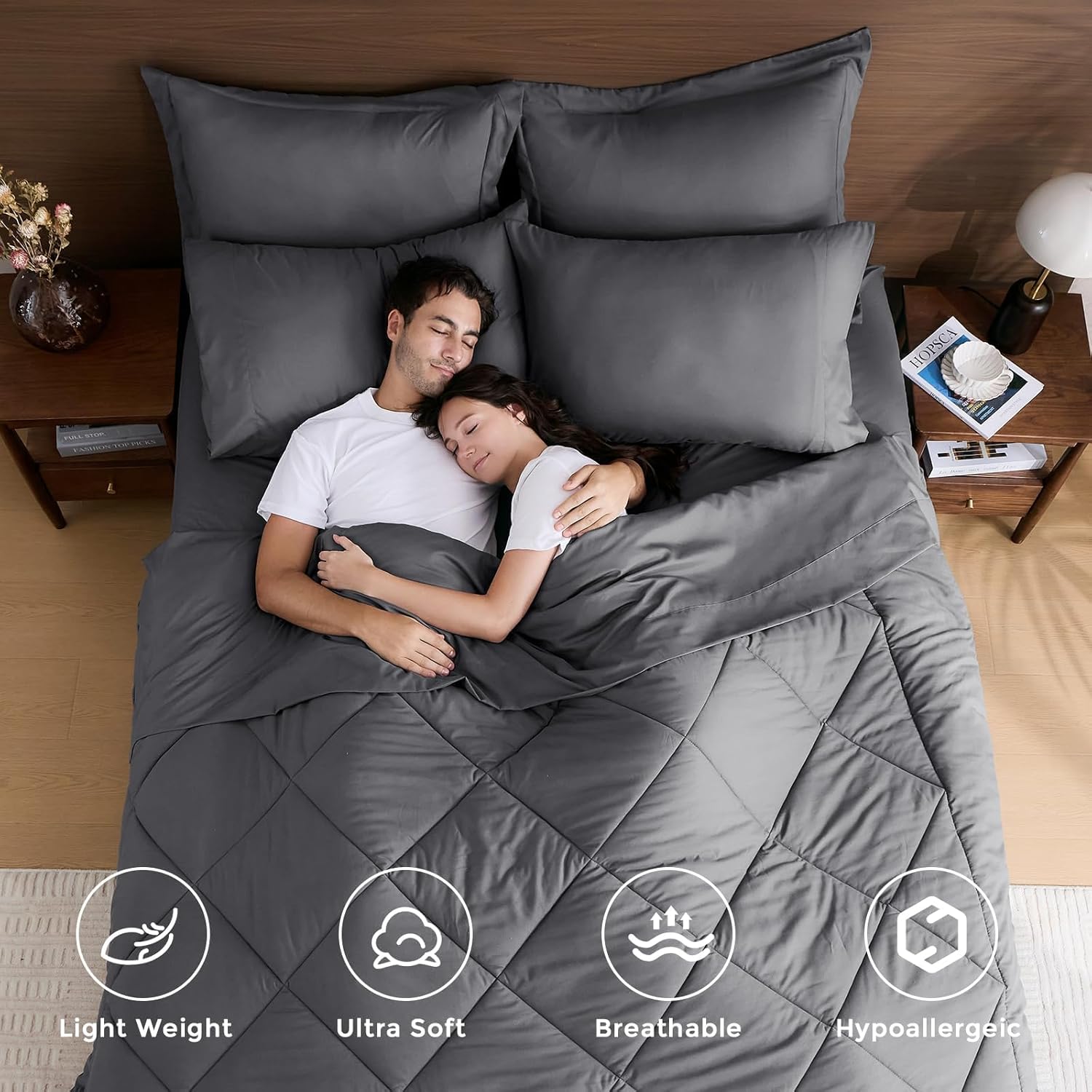 HEVUMYI Oversized Queen Comforter Set Dark Grey - 7-Piece All Season Bed in a Bag Oversized Queen, Soft Bedding Set with Comforter, Flat Sheet, Deep Pocket Fitted Sheet, Pillowcases, Pillow Shams - Image 2