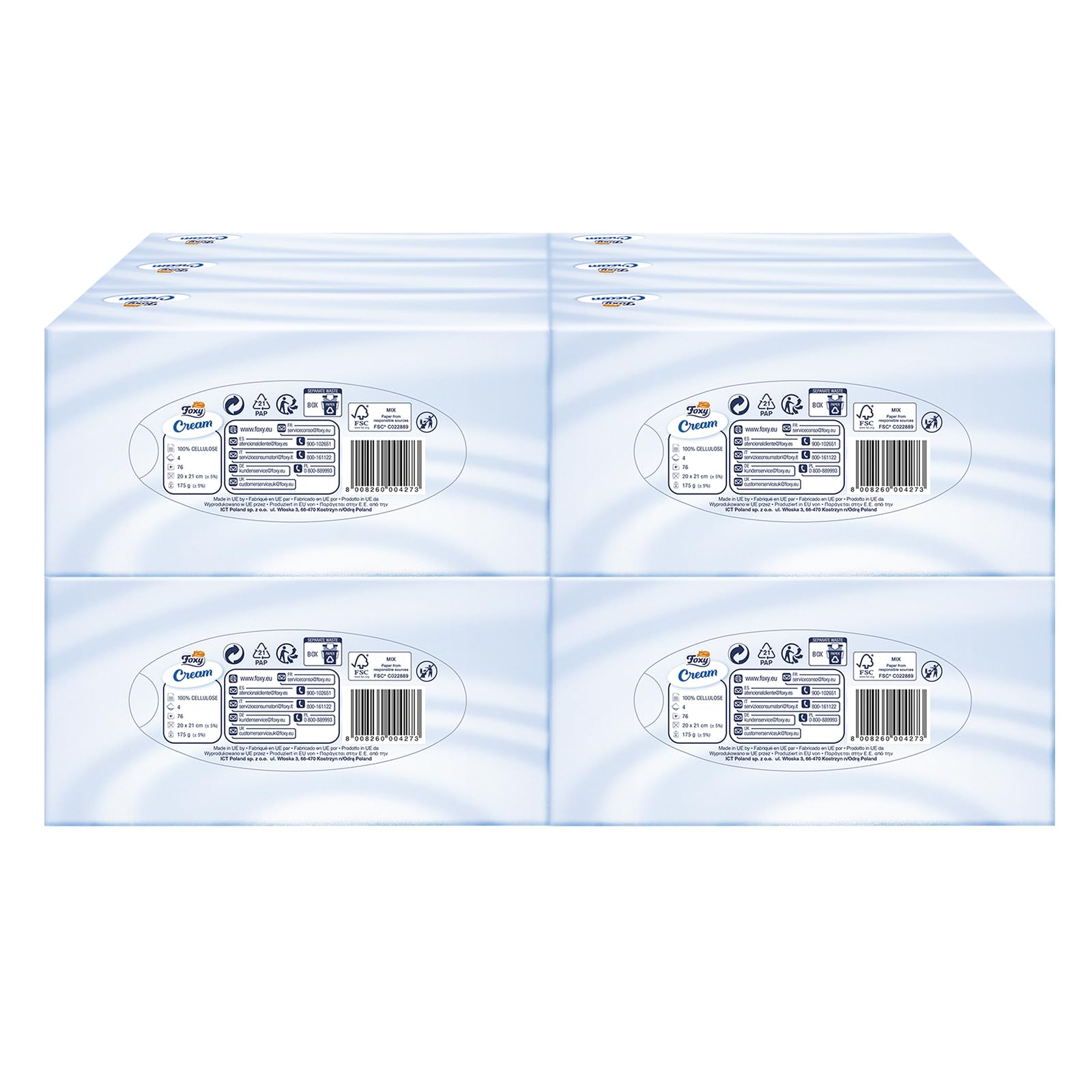 Foxy Crème | Mouchoirs pour le visage en boîte | 12 boîtes de 76 mouchoirs 4 couches | Avec crème hydratante | Certifié FSC | 100% d'énergie électrique renouvelable | Paquet 100% recyclable