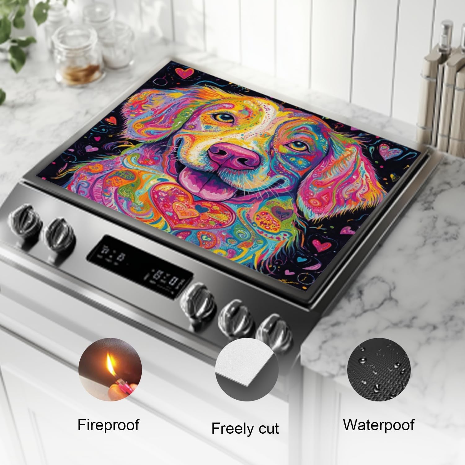 Silicone Stove Mat for Glass Top Stove, Colorful Dog Sticking Out Tongue Electric Stove Cover Mat, 28 x 20 Inch Heat - Resistant Gas Gtove Burner Covers Glass Stove Top Protector