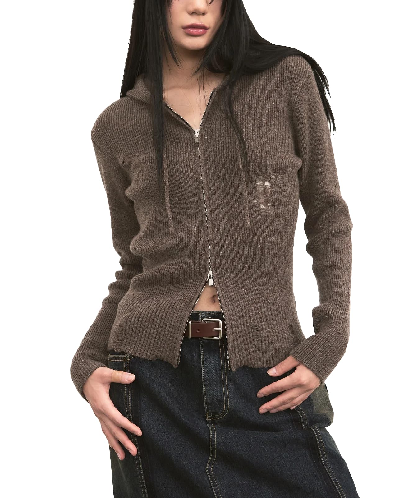 Womens Y2k Zip Up Hoodies Long Sleeve Collar Hooded Knit Cardigan Vintage Slim Fit Distressed Crop Jacket Outerwear
