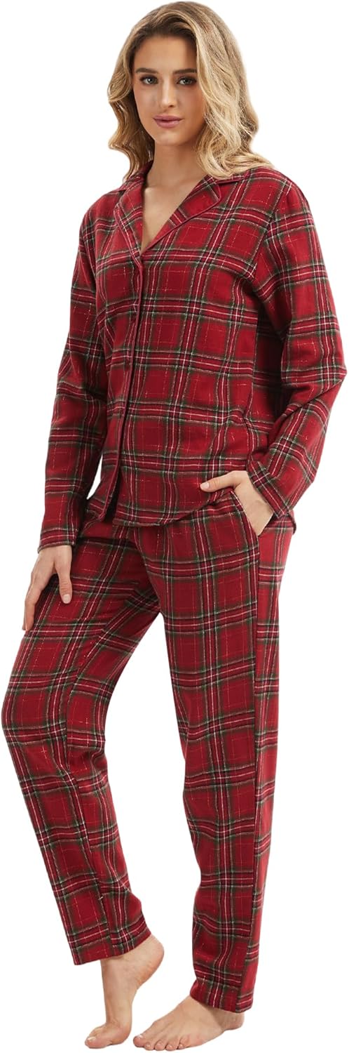 100% Cotton Christmas Matching Pajamas Sets for Couples Xmas Red-green Plaid Warm Sleepwear Festival PJ Set - Image 2